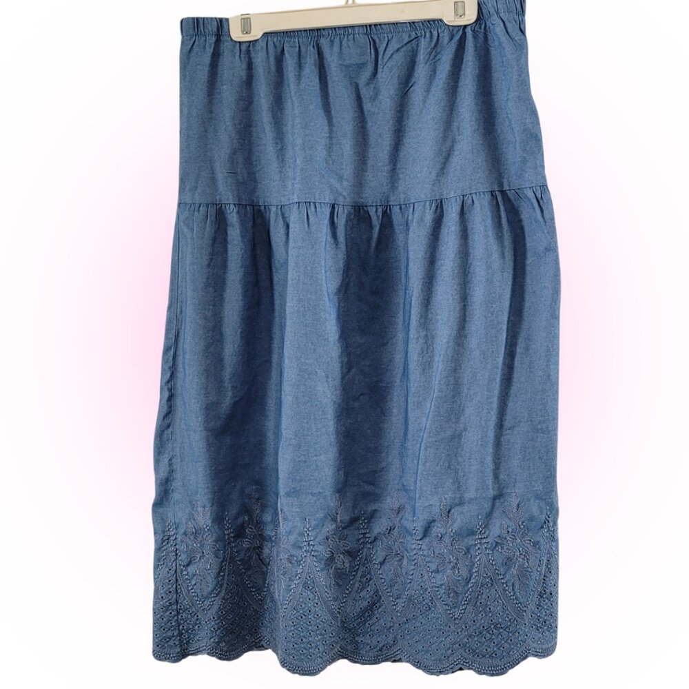 VTG EMBROIDERED EYELET WOMEN'S DENIM MIDI MAXI SKIRT EUC XL L